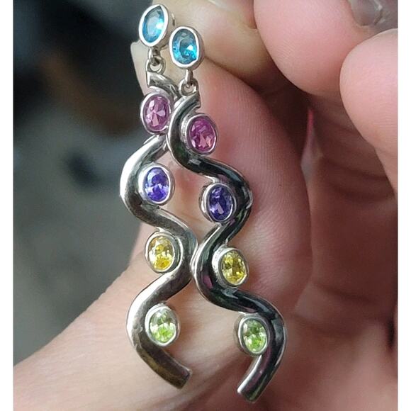 Sterling Silver Multi Stone Squiggly Dangle Earrings - Picture 7 of 9